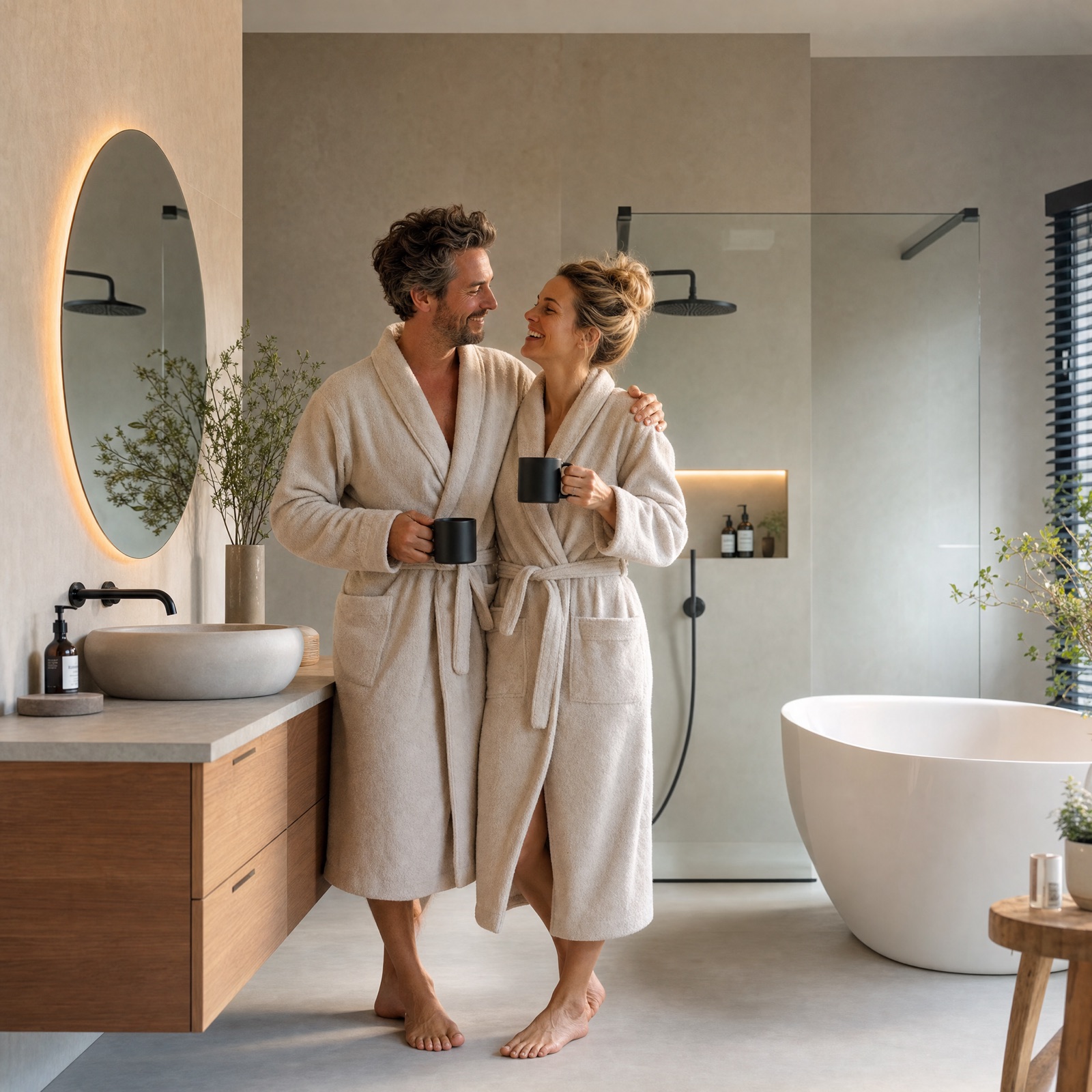 Stel in badjas met koffie geniet van hun nieuwe moderne badkamer met vrijstaand bad en inloopdouche