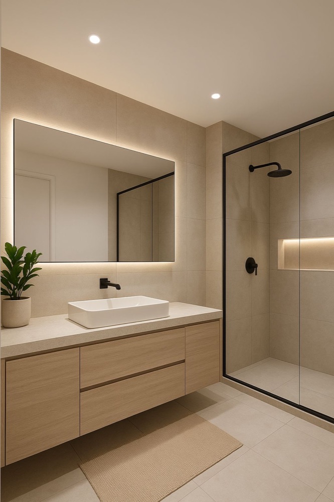 Warme beige badkamer met houten meubel en zwarte kranen