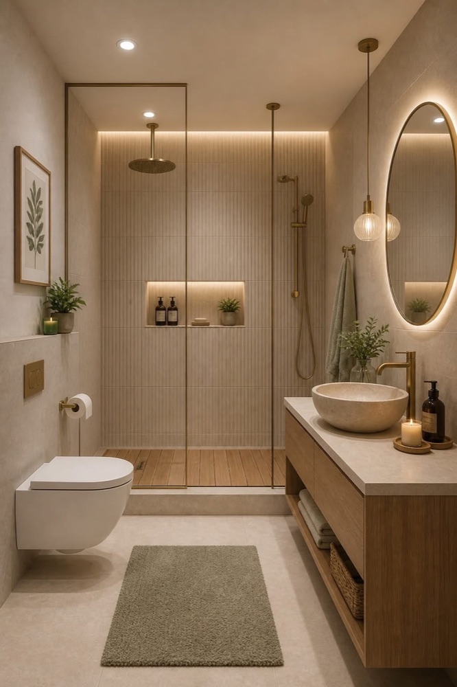 Hotelchique badkamer met messing kranen en travertijn waskom