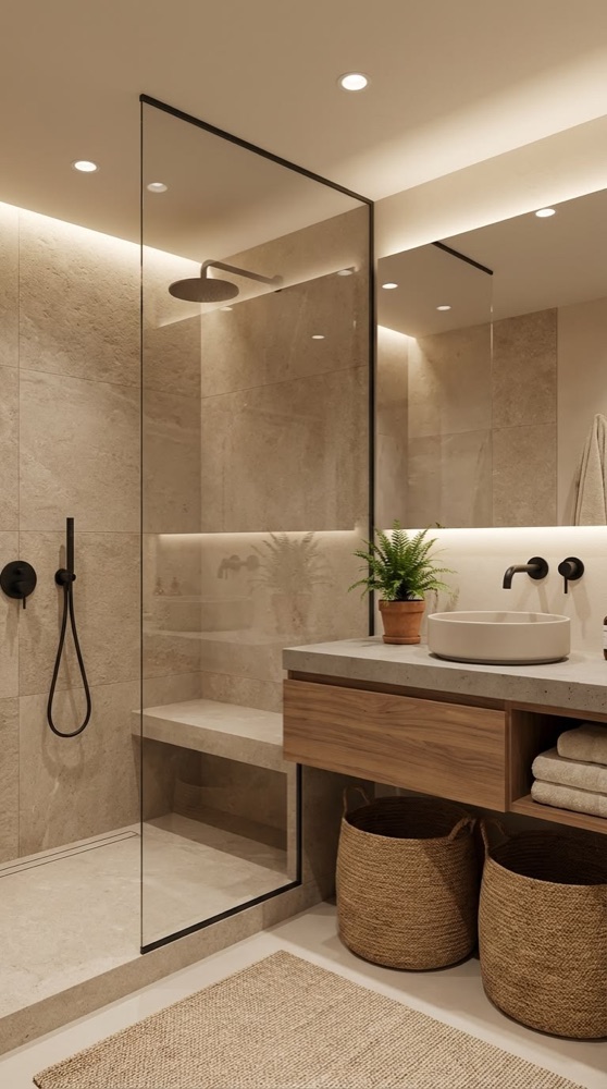 Badkamer met groene zellige en messing details