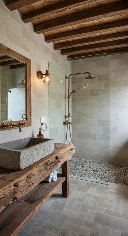 Moderne badkamer met inloopdouche en houtaccent