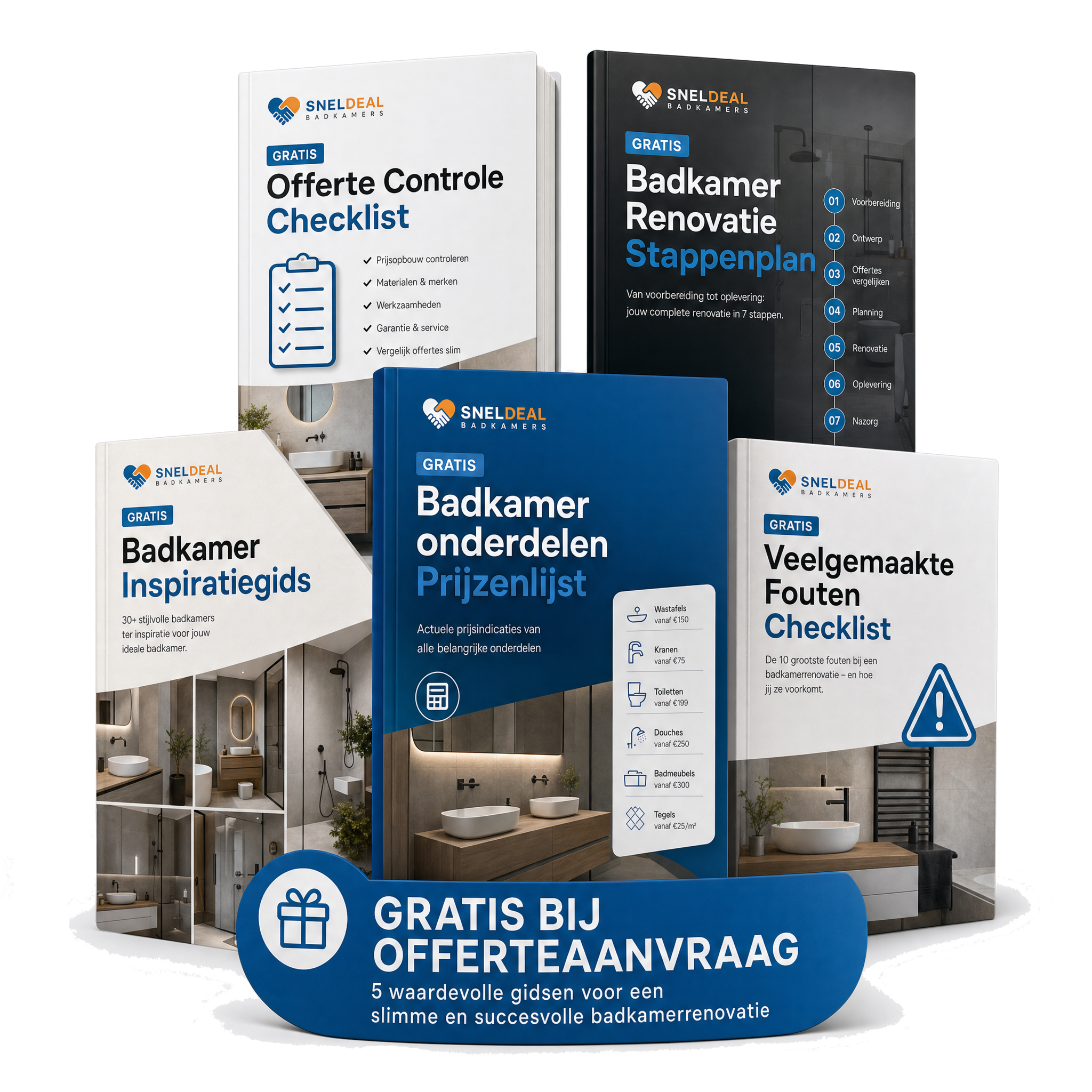 5 gratis badkamergidsen van Sneldeal: offerte controle checklist, renovatie stappenplan, inspiratiegids, onderdelen prijzenlijst en veelgemaakte fouten checklist