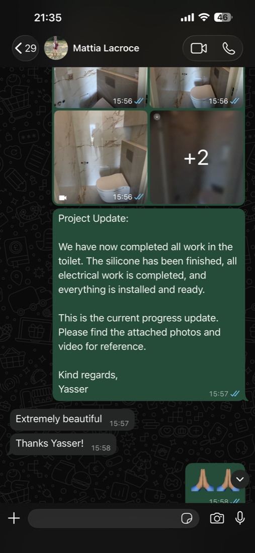 WhatsApp-projectupdate met klant Mattia Lacroce over de afgeronde badkamer